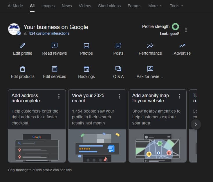GMB dashboard showing 824 interactions